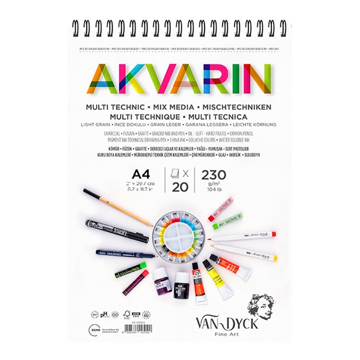 VAN DYCK RESİM DEFTERİ A5 ÜSTTEN SPİRALLİ 230 GR AKVARİN 20 YP VD420512 1