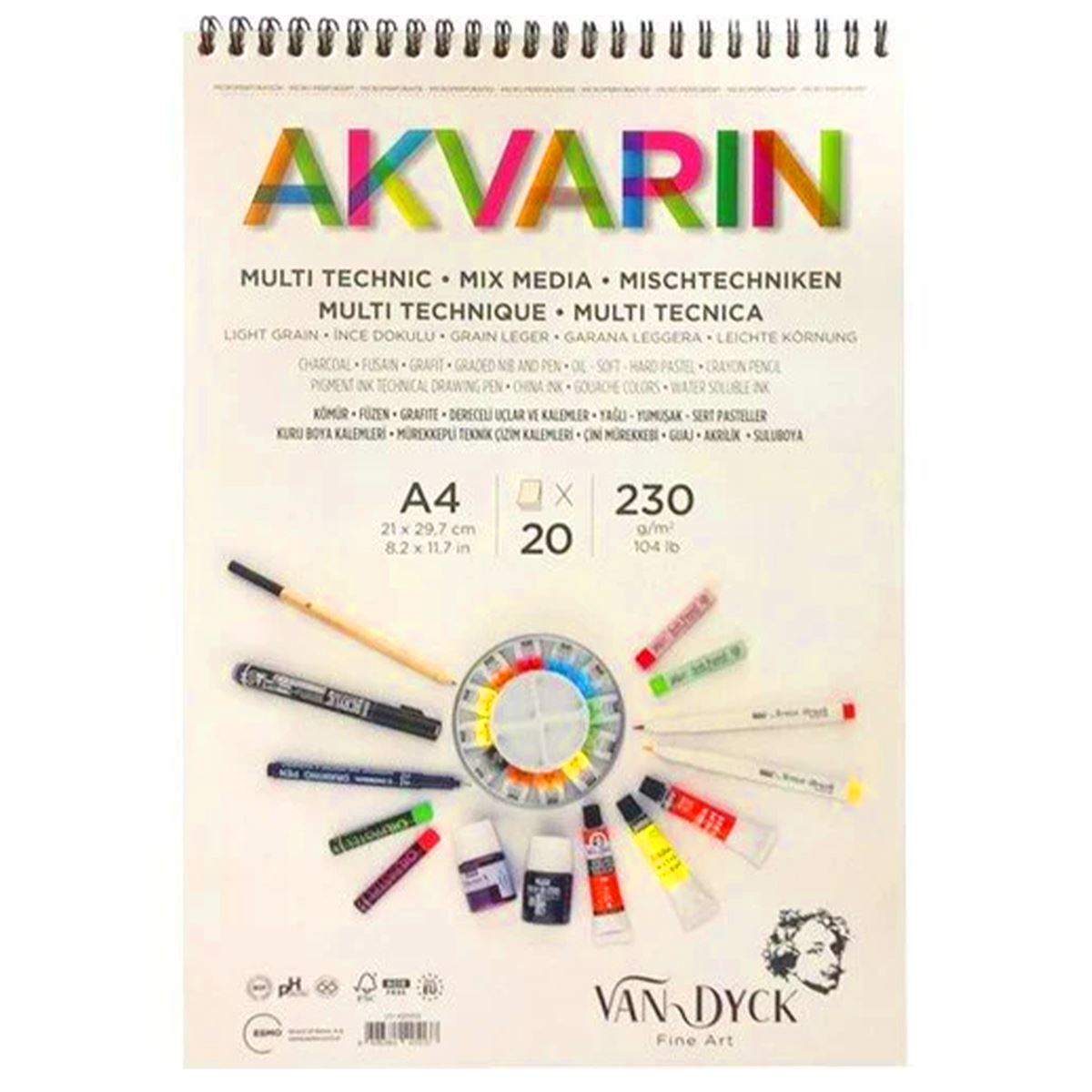 VAN DYCK RESİM DEFTERİ A4 ÜSTTEN SPİRALLİ 230 GR AKVARİN 20 YP VD420513 1
