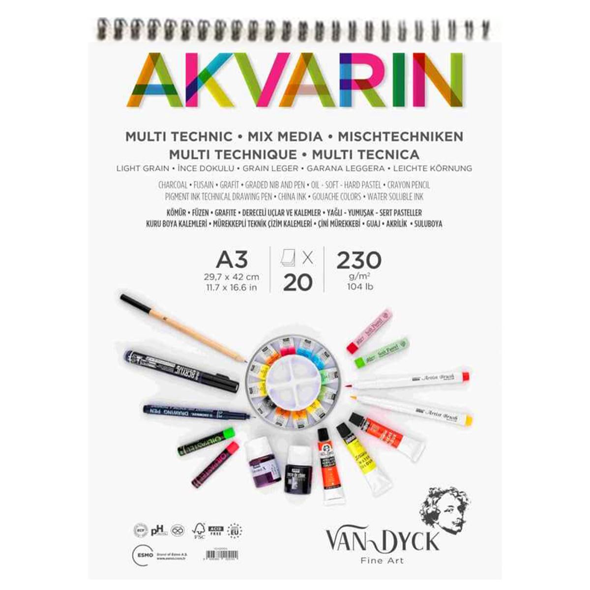 VAN DYCK RESİM DEFTERİ A3 ÜSTTEN SPİRALLİ 230 GR AKVARİN 20 YP VD420514 1