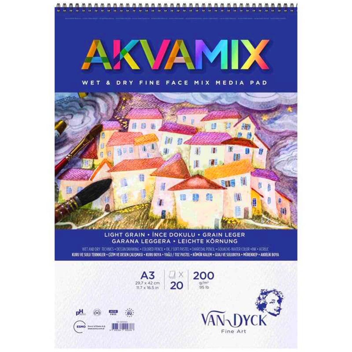 VAN DYCK RESİM DEFTERİ A3 ÜSTTEN SPİRALLİ 200 GR AKVAMİX 20 YP VD300003 1