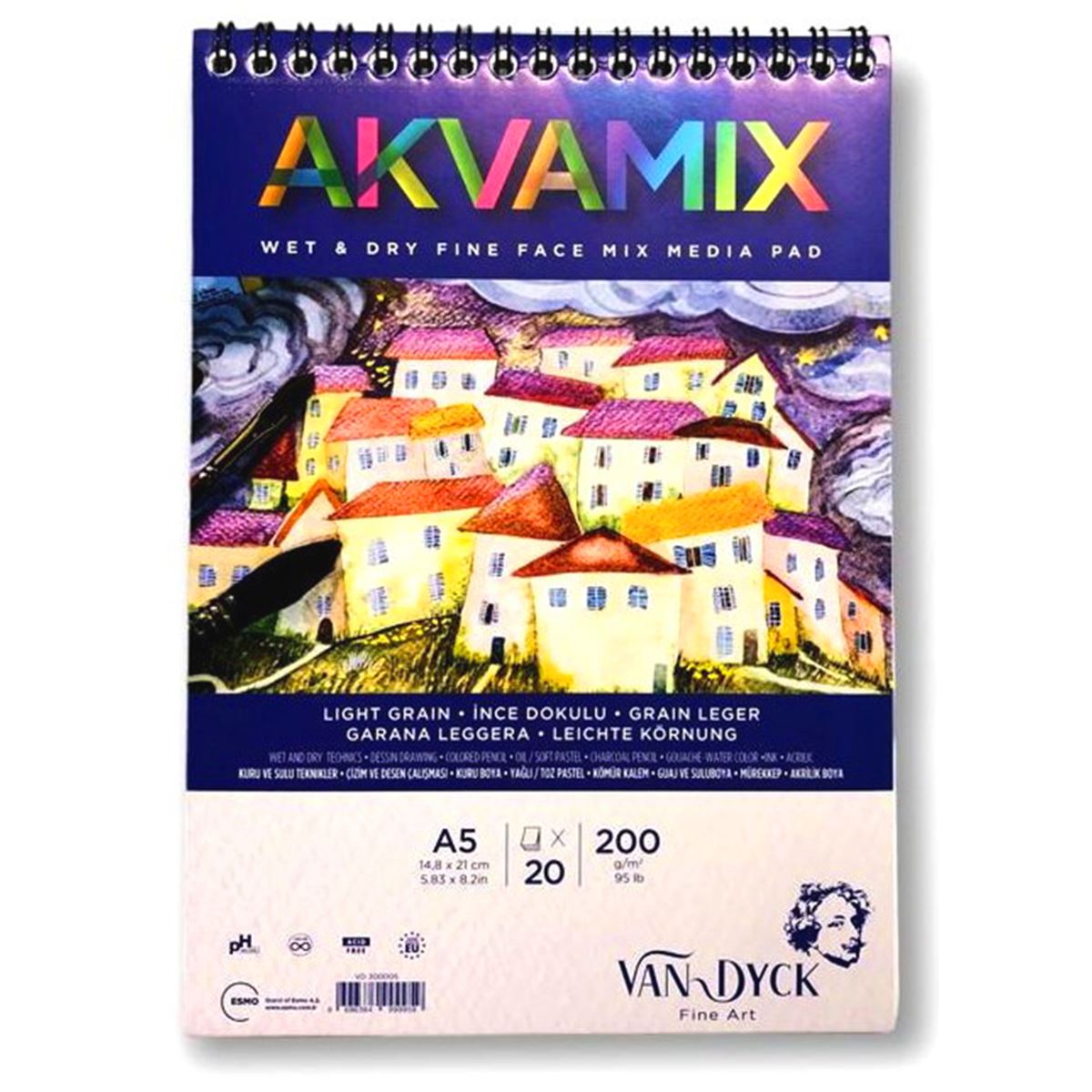VAN DYCK RESİM DEFTERİ A5 ÜSTTEN SPİRALLİ 200 GR AKVAMİX 20 YP VD300005 1