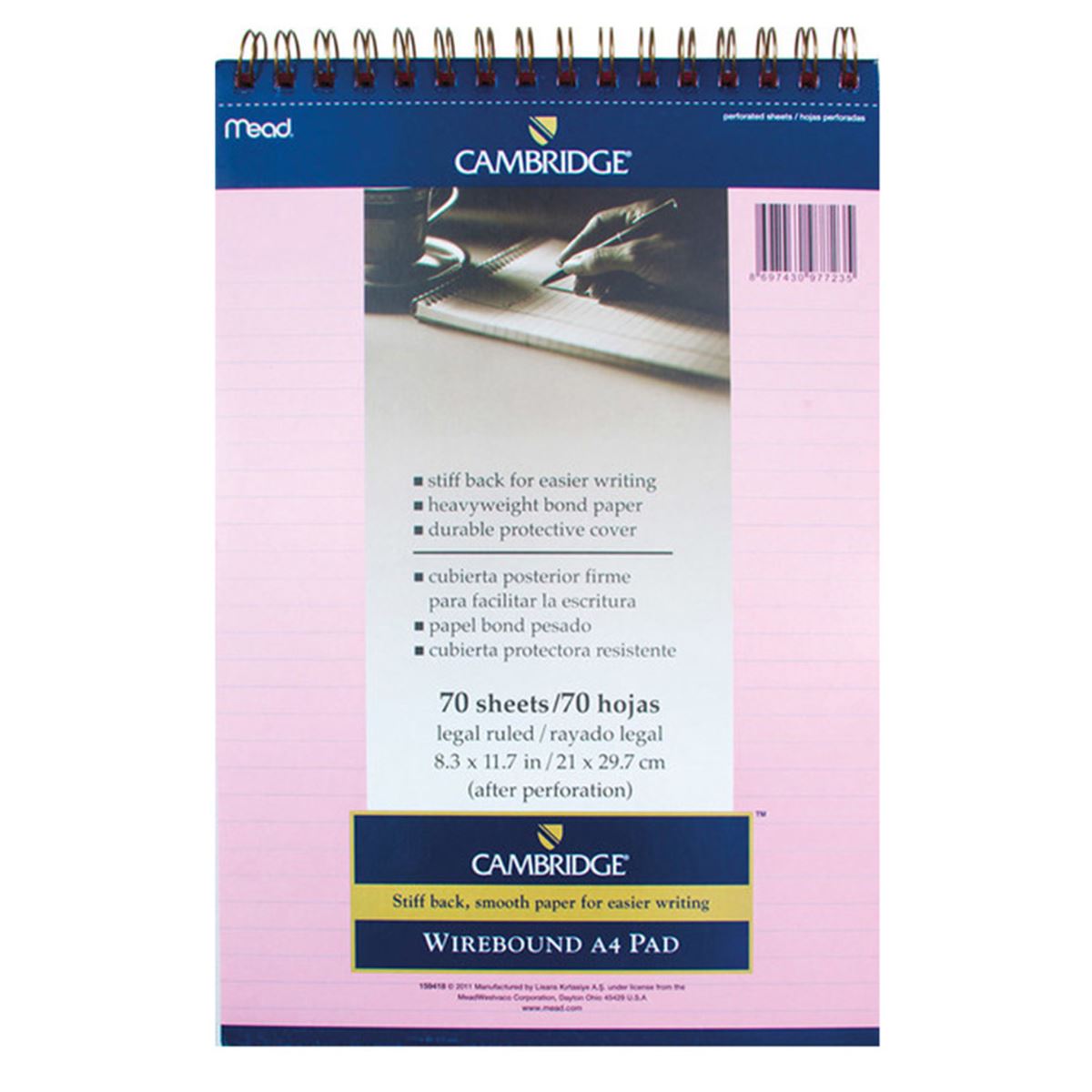 MEAD CAMBRİDGE BLOKNOT A4 ÜSTTEN SPİRALLİ KARTON KAPAK PEMBE 70 YP ÇİZGİLİ 159418 1