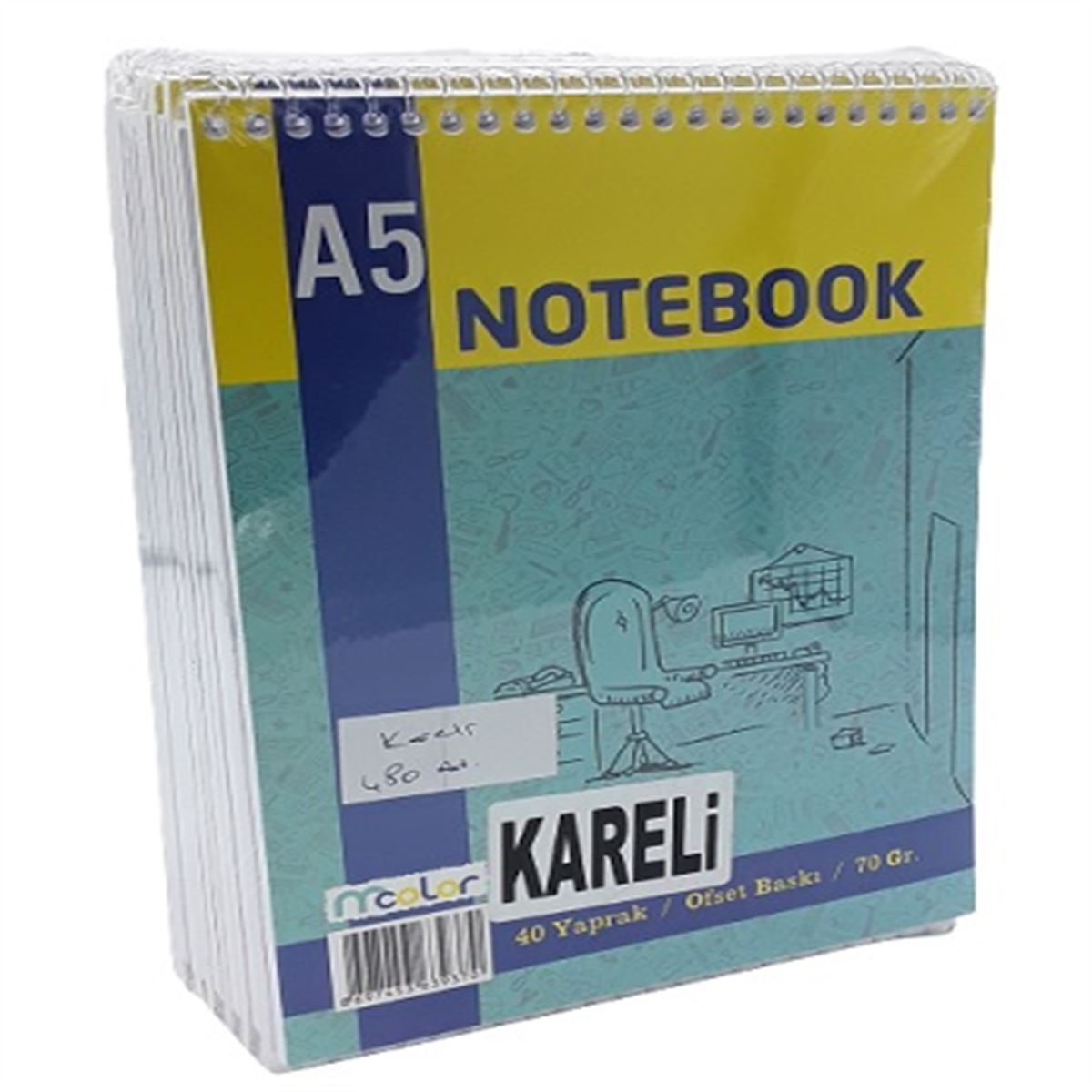 MCOLOR BLOKNOT A5 KARTON KAPAK ÜSTTEN SPİRALLİ 40 YP KARELİ 12 Lİ 1