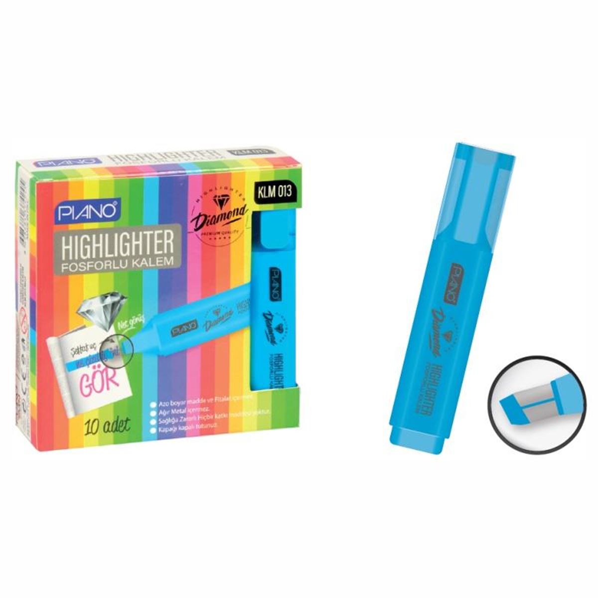 PİANO FOSFORLU KALEM DİAMOND MAVİ 10 LU KLM-013 475149 1