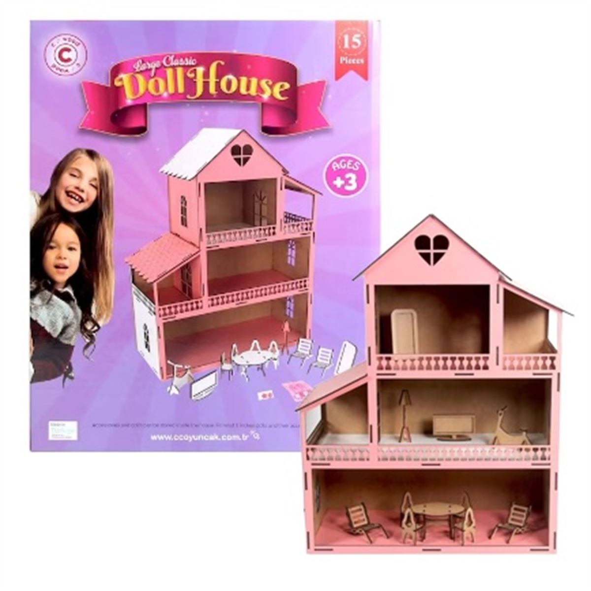 CC DOOL HOUSE LARGE CLASSİC 179 AHŞAP KALPLİ EV 15 PARÇA 3+ 1