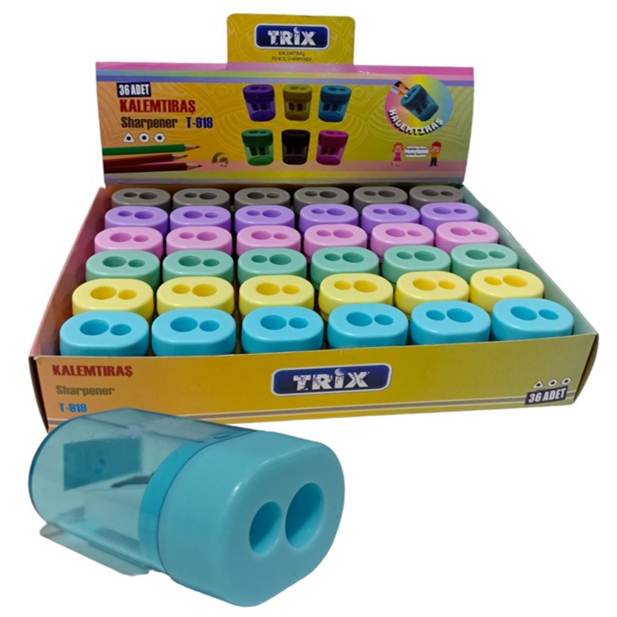TRİX KALEMTRAŞ PLASTİK OVAL PASTEL 6 RENK İKİ BÖLMELİ 36 LI T-918 1