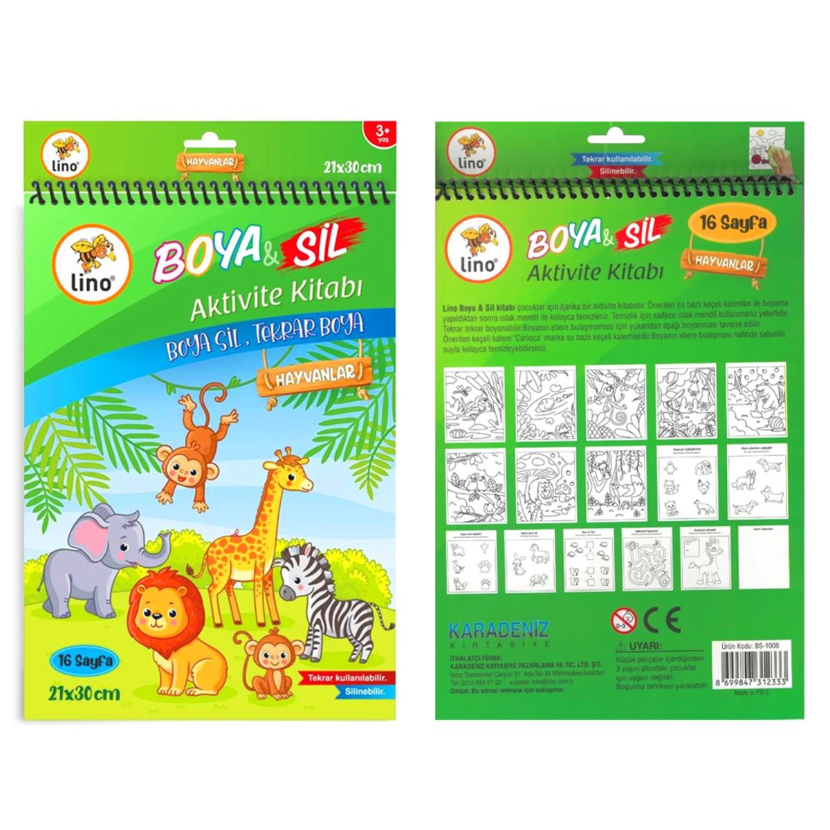 LİNO BOYA SİL AKTİVİTE BOYAMA KİTABI A4 BS-1006 HAYVANLAR 16 SAYFA 1