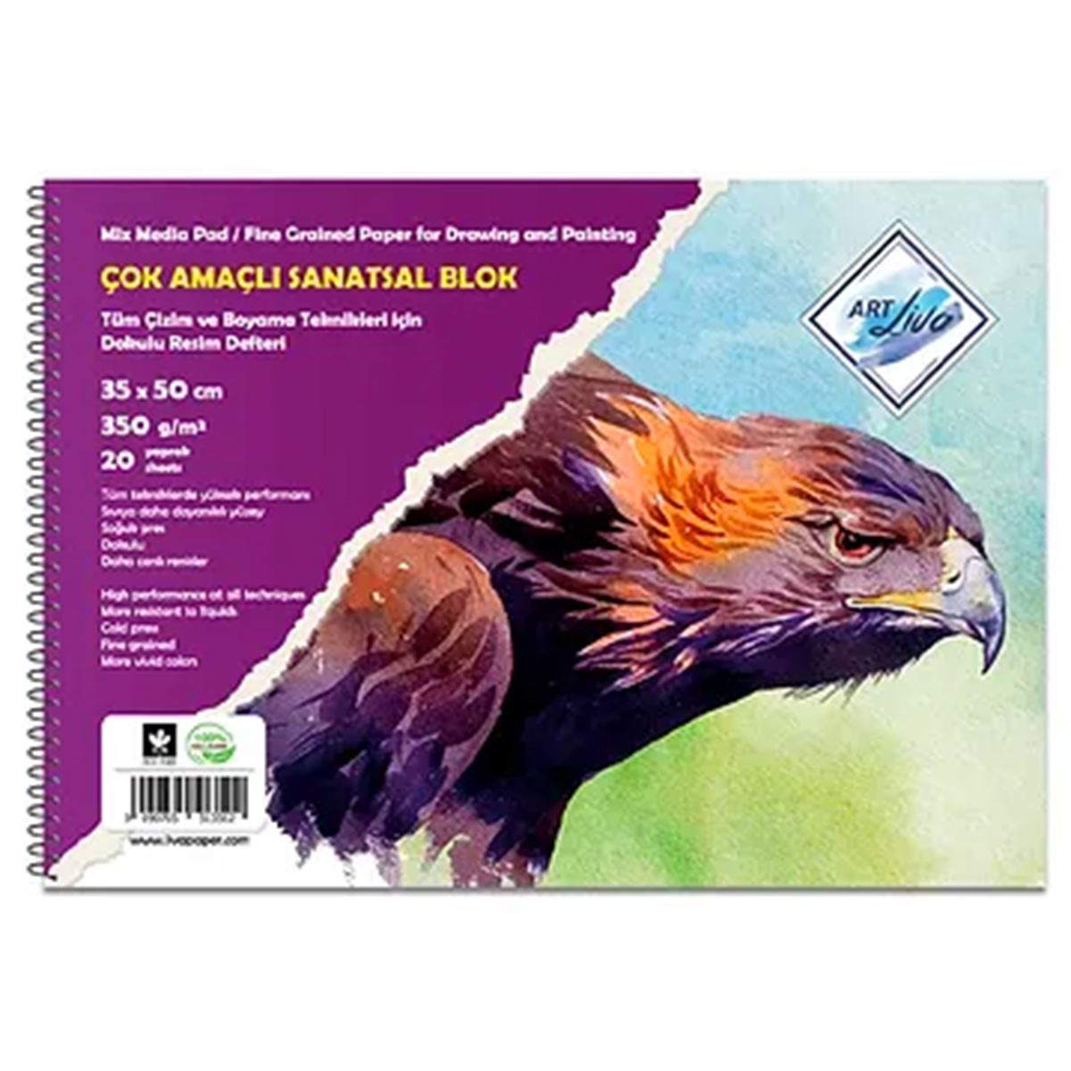 ART LİVA RESİM DEFTERİ 350 GR KARTON KAPAK 35x50 SULU TEKNİK DOKULU 20 YP SD-211 1