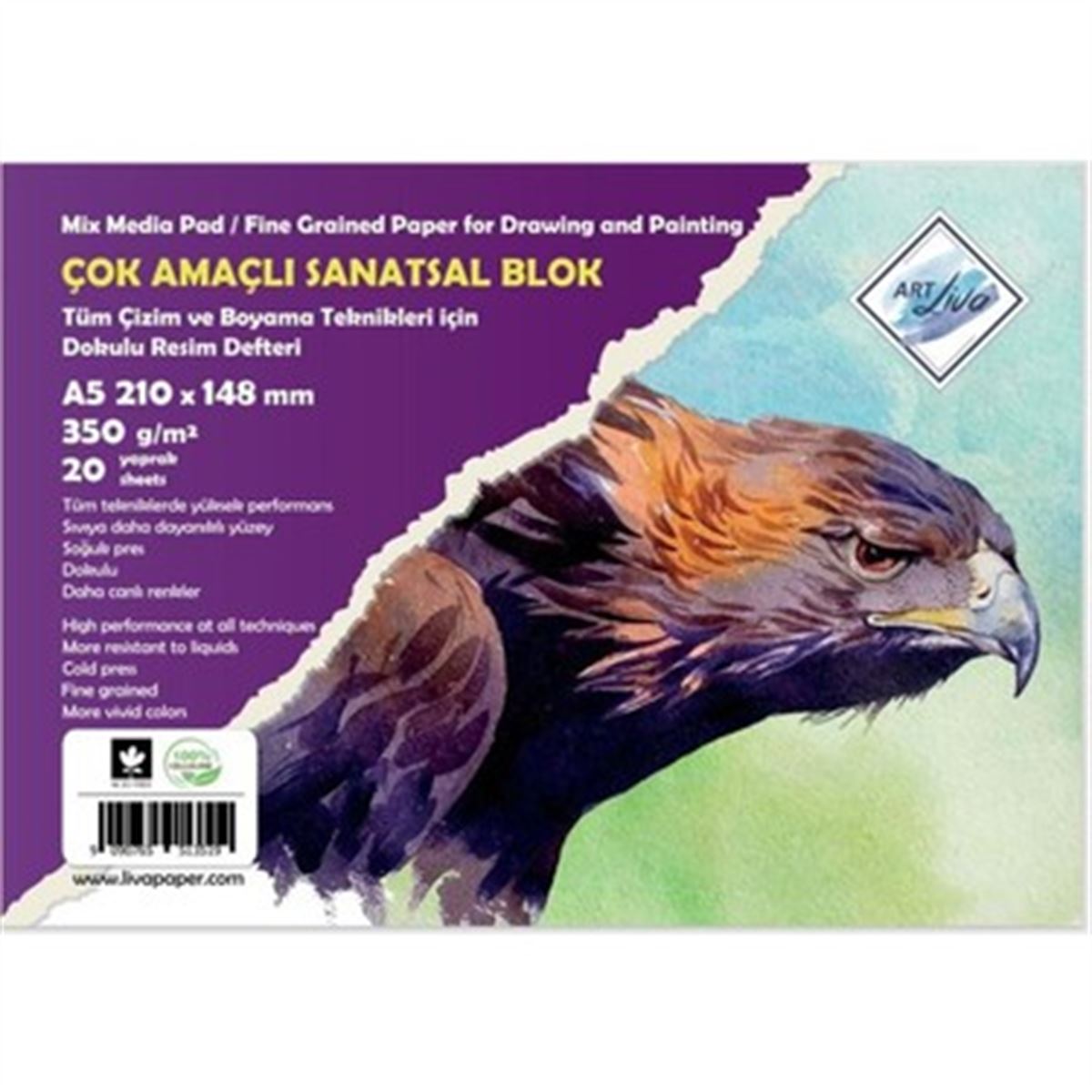 ART LİVA RESİM DEFTERİ 350 GR KARTON KAPAK SPİRALLİ 25x35 SULU TEKNİK DOKULU 20 YP 1