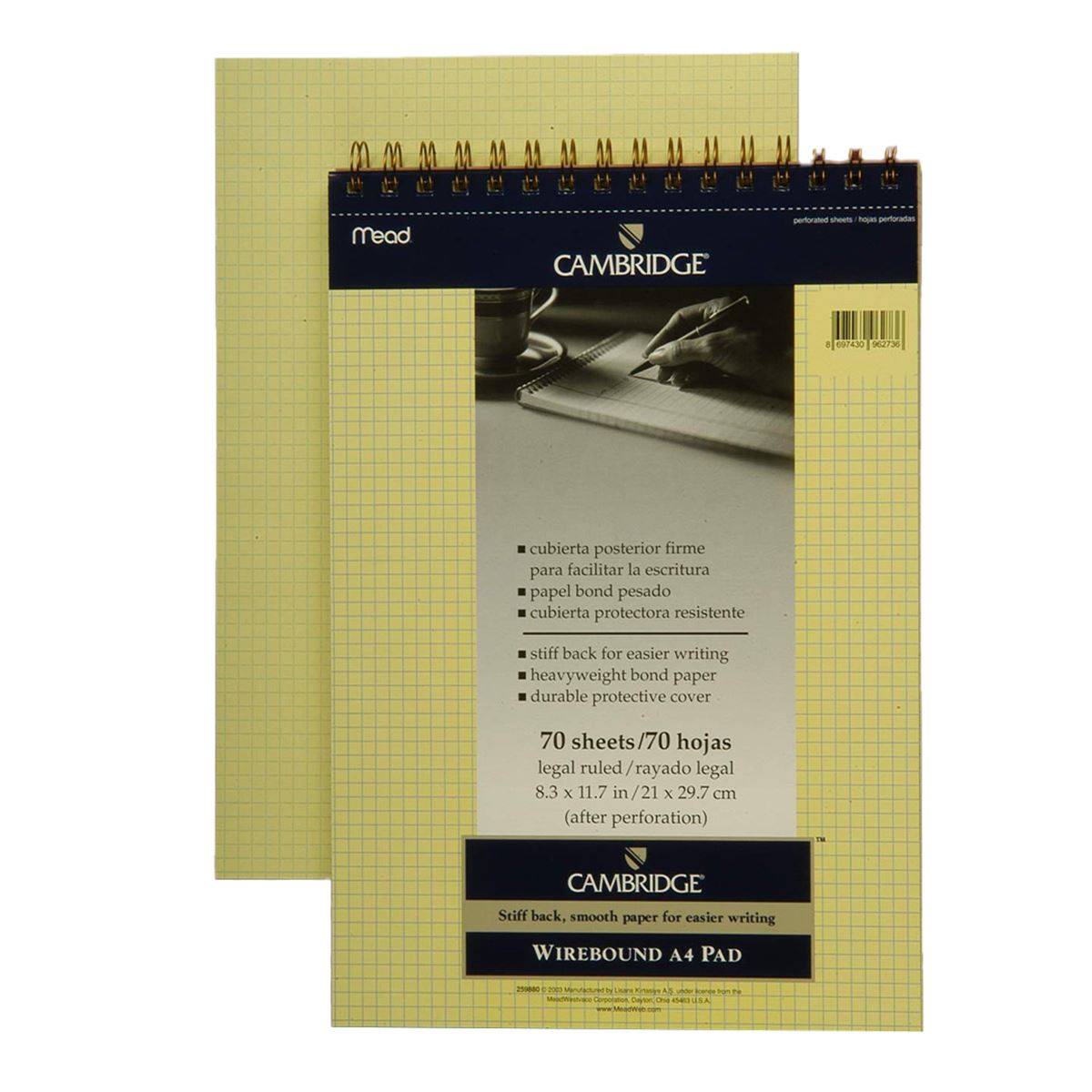 MEAD CAMBRİDGE BLOKNOT A4 ÜSTTEN SPİRALLİ KARTON KAPAK SARI 70 YP KARELİ 259880 1