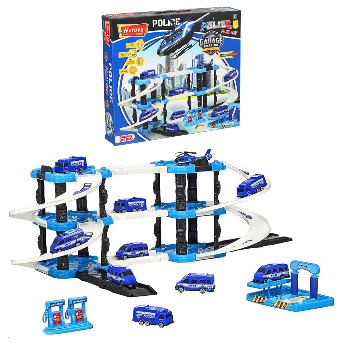 HEROES TOYS ERN-2028 ÜÇ KATLI ÇİFT BLOK POLİS GARAJ OYUN SETİ 3+ 1