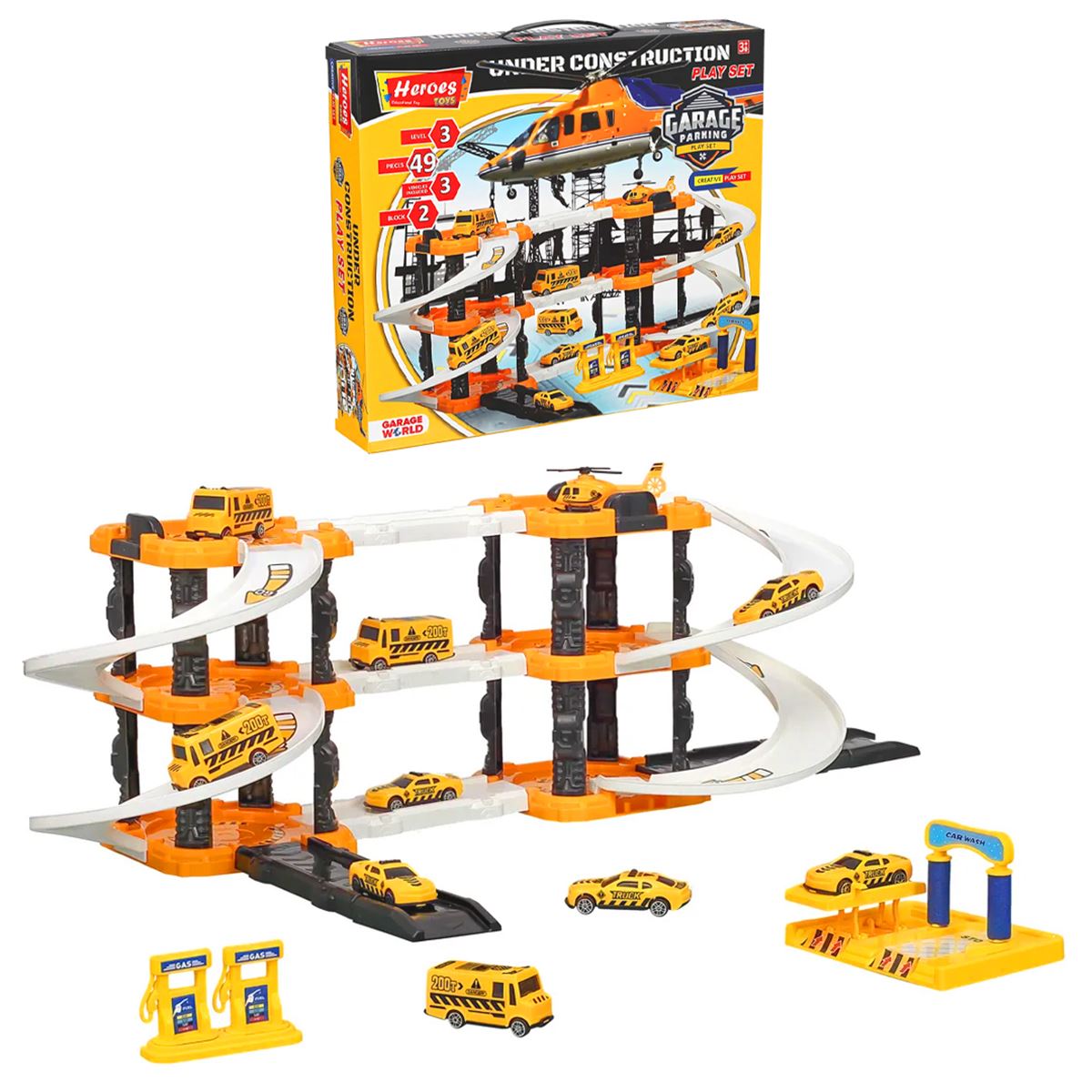 HEROES TOYS ERN-2029 ÜÇ KATLI ÇİFT BLOK İNŞAAT ARAÇLARI GARAJ OYUN SETİ 3+ 1