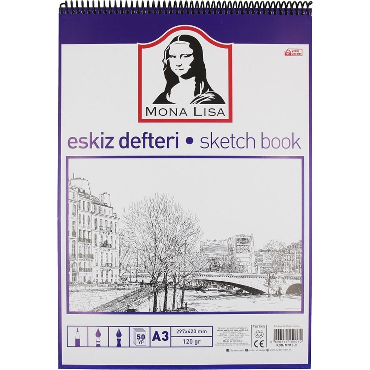 MONALİSA ESKİZ DEFTERİ A3 SPİRALLİ 120 GR 50 YP MN13-3 1