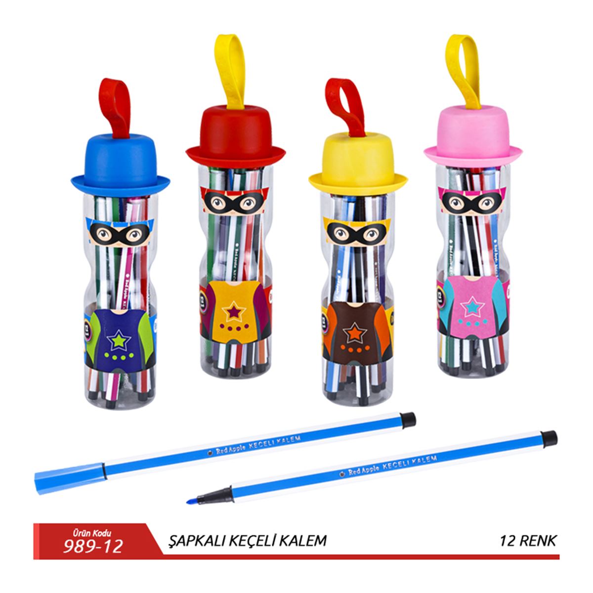 RED APPLE KEÇELİ KALEM 12 RENK ŞAPKALI TÜP 989-12 1