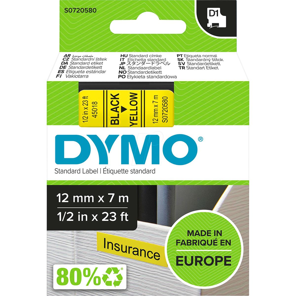 DYMO ŞERİT D1 12 MM x 7 MT SARI SİYAH 720580 1