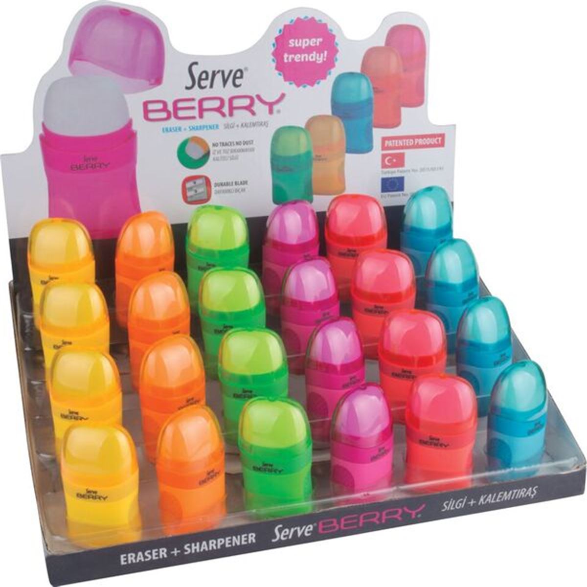 SERVE SİLGİ SV-BERRY24KT BERRY KALEMTIRAŞLI 24 LÜ KARTON STAND 1
