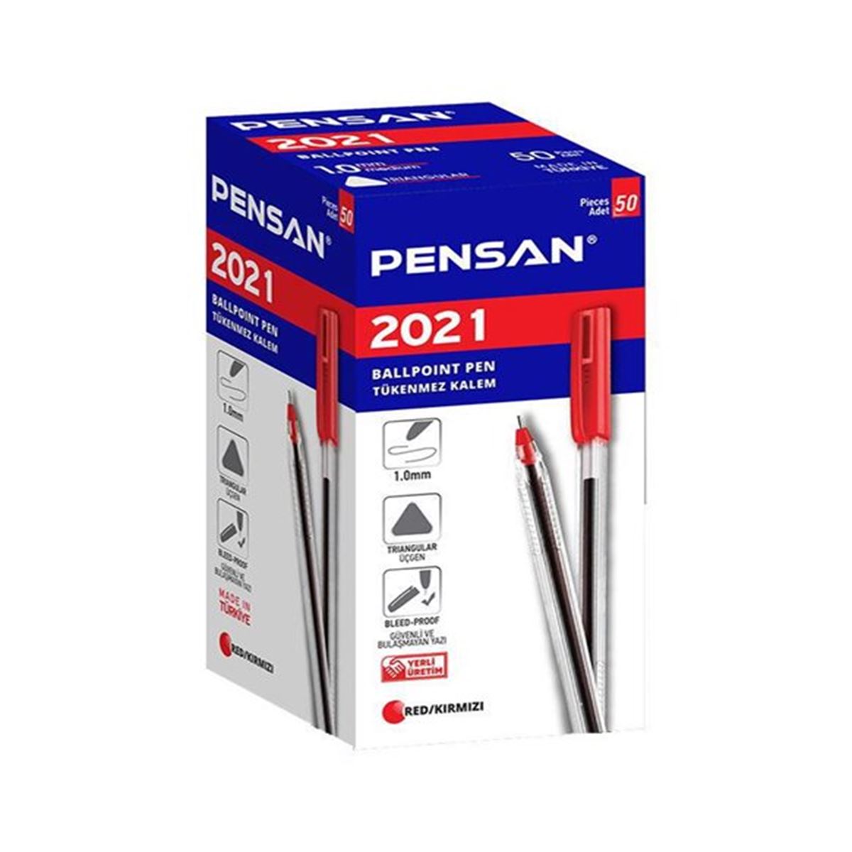 PENSAN TÜKENMEZ KALEM ŞEFFAF ÜÇGEN KIRMIZI 50 LI 2021 1