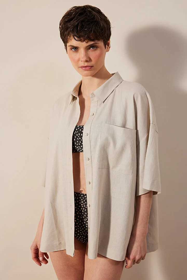 Keten Natural Taş Rengi Gömlek BEJ - 1