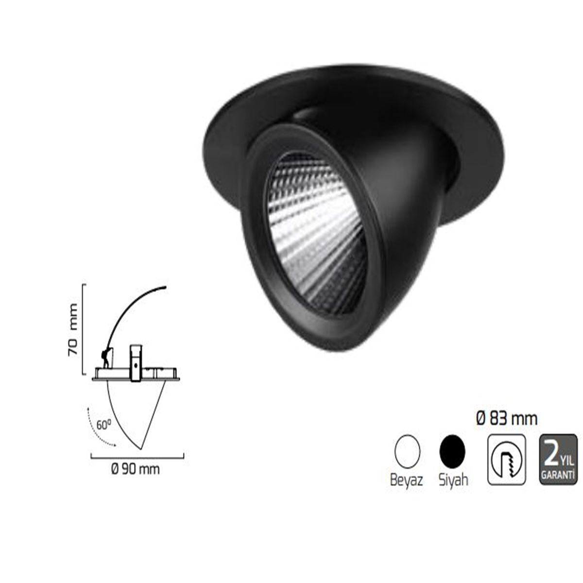 GY 3030-8 SİYAH 8W 40° 6500K SG COB LED S.A.ARM* 1